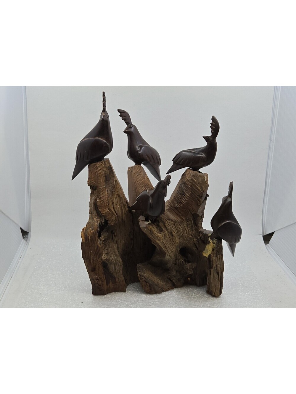 Vtg MCM Desert Ironwood Handcarved Quail Covey On Burl Root As Is